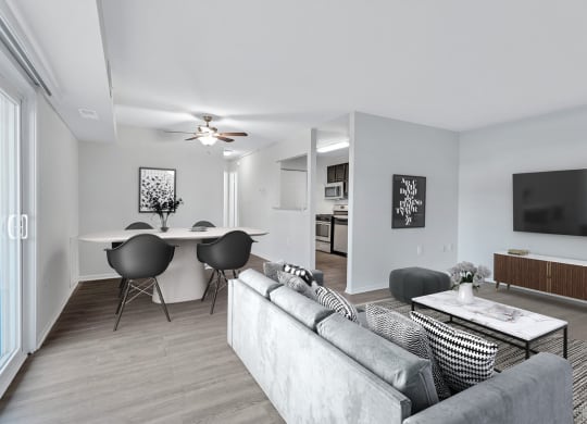 a living room with a couch and a table and a tv