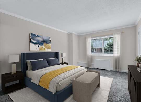 A bedroom with a large bed and a painting on the wall.