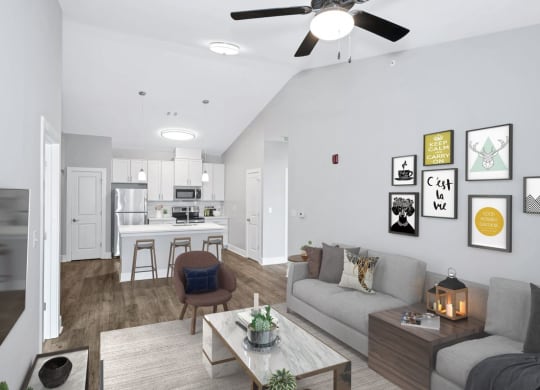 The living room in the Sandstone floor plan at Overlook at Riverside.