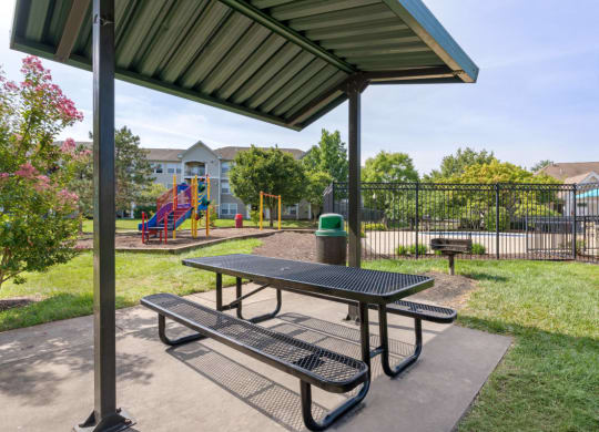 a picnic table in a park with a playground