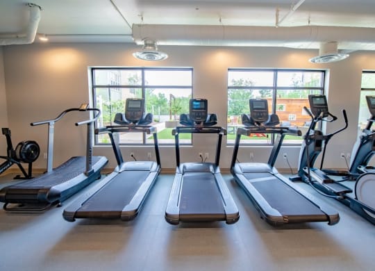 a gym with four treadmills and three windows