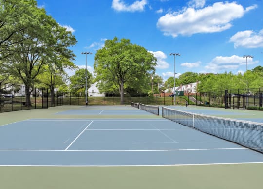 a tennis court with trees and a fence around it