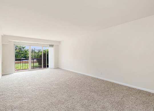 A room with a carpeted floor and a sliding glass door leading to a backyard.