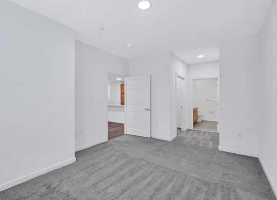 a living room with a rug and a door to a bathroom