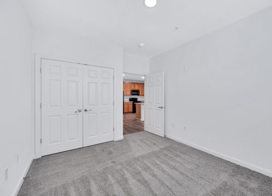 a bedroom with two closets and a door to a kitchen