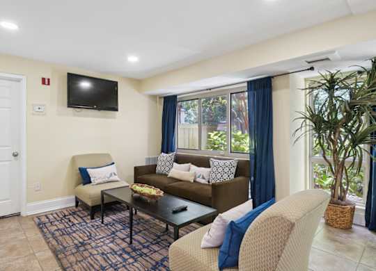 A living room with a couch, chair, and television.