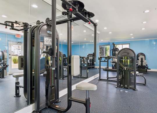 A gym with a variety of equipment including a leg press machine.