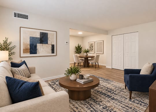 A living room with a beige couch, a blue armchair, a coffee table, and a painting on the wall.