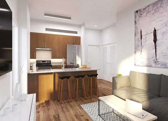 a rendering of a kitchen and living room in an apartment