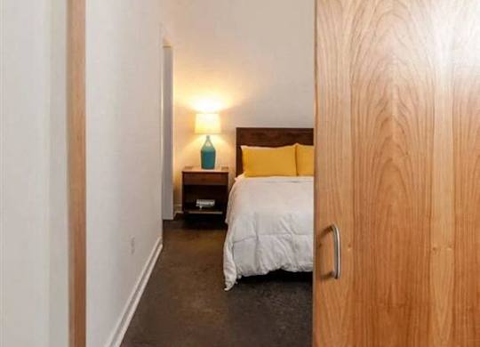 a bedroom with a bed and a sliding wooden door