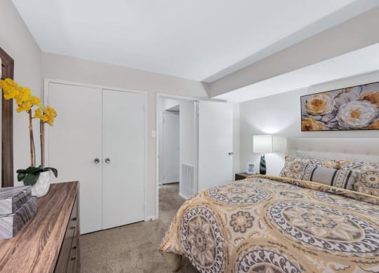 a bedroom with a bed and a dresser