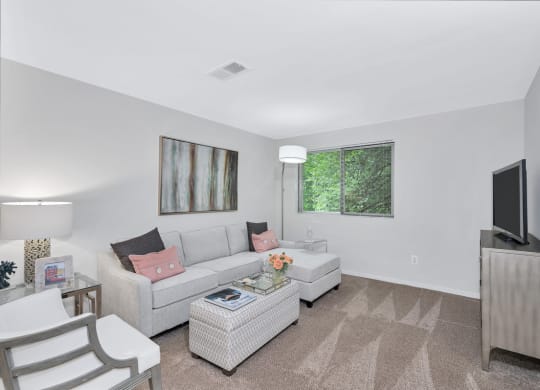 a living room with white walls and beige carpet
