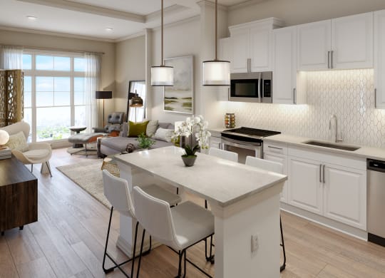 a white kitchen and living room with a table and chairs