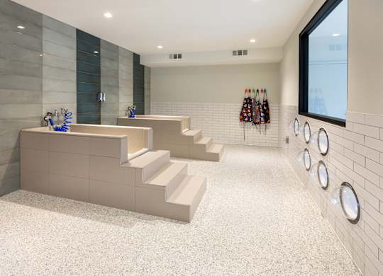 a set of stairs in a gym with white tile walls and a row of weights