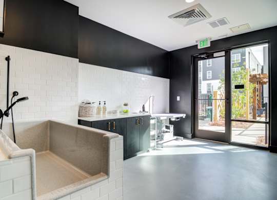 a kitchen with a sink and a tub and a door to a surgery room