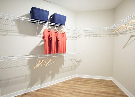 a spacious closet with a wood floor and white walls with a mirrored closet door