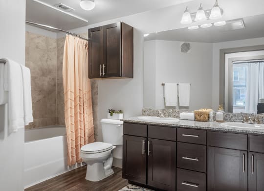 bathroom with tiled shower/tub and double vanity sink with granite coutertops