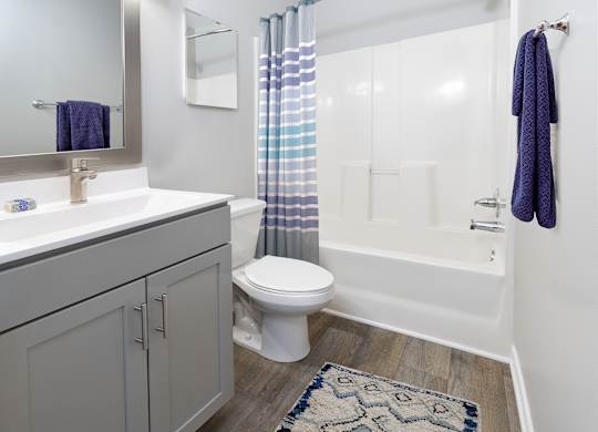 A bathroom with a white toilet, a sink with a mirror above it, a bathtub, a shower curtain, and a rug on the floor.