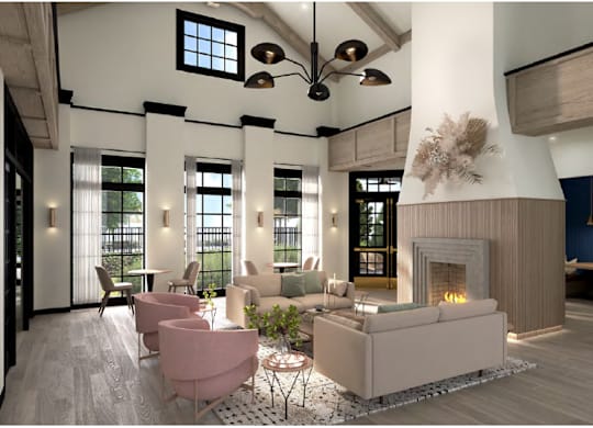 A modern living room with a fireplace and a large window.