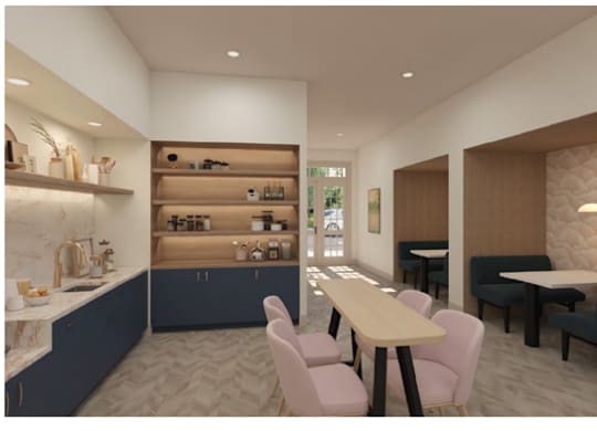 A modern kitchen with a dining area.