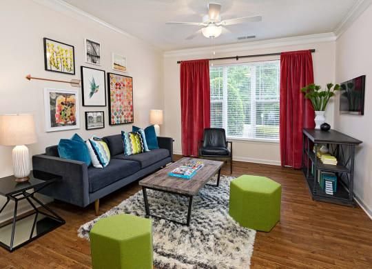 A living room with a blue couch, a coffee table, and a rug.
