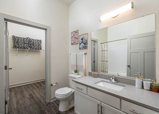 A bathroom with a toilet, sink, and mirror.