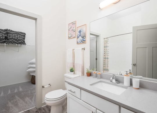 a bathroom with a large mirror and a toilet next to a sink