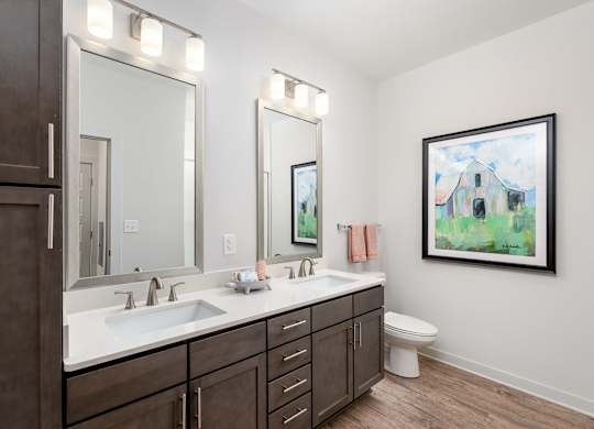A bathroom with a white sink and brown cabinets.