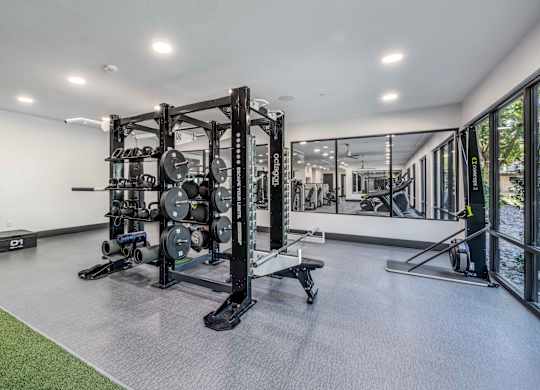 A gym with a weight rack and a bench.