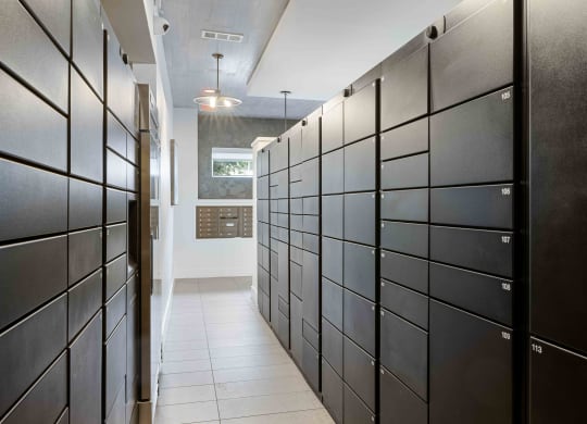 a row of lockers in a hallway of a house