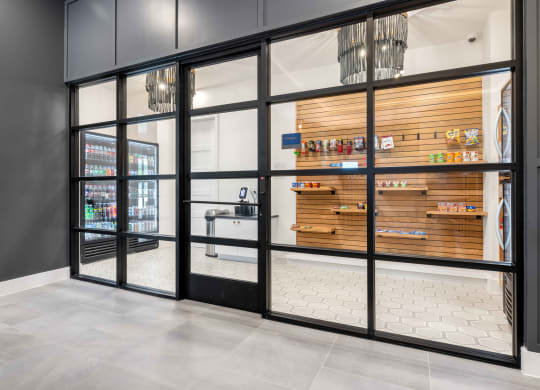 the lobby of a micro market with glass doors