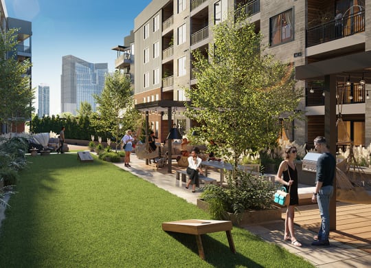 a rendering of a garden in a building with people standing around it