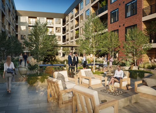 a rendering of a courtyard with benches and trees