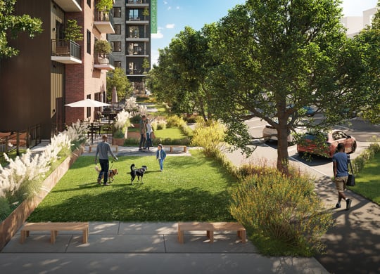 a rendering of a park with people walking their dogs