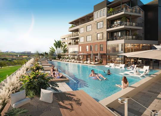 a rendering of an apartment building with a swimming pool