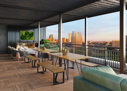 a rendering of a rooftop terrace with a couch and tables