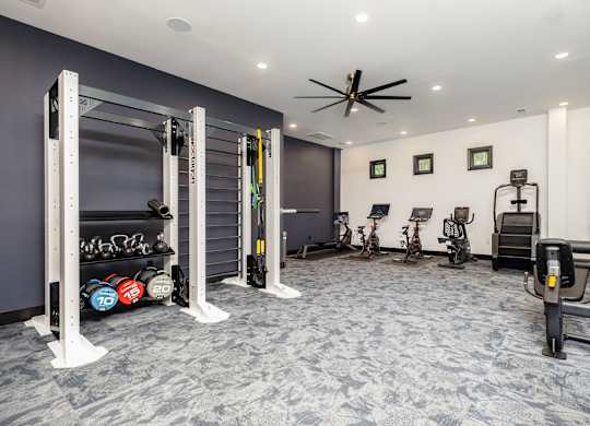 A gym with a variety of equipment including a squat rack, weight bench, and a fan.