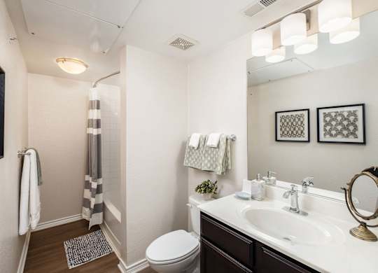 A bathroom with a toilet, sink, and mirror.