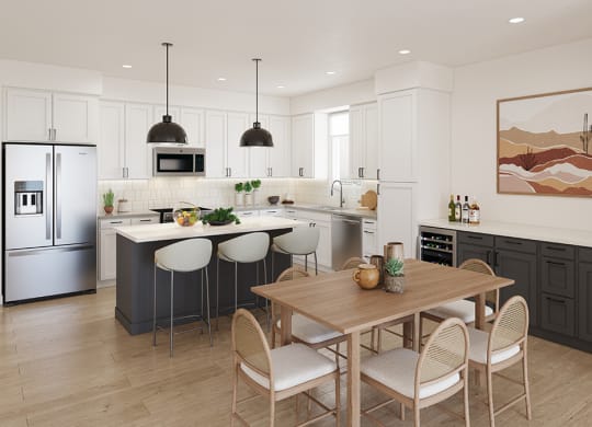 a kitchen with a table and chairs and a refrigerator
