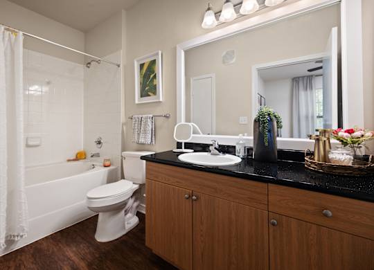A bathroom with a white toilet, a sink, and a bathtub with a shower curtain.