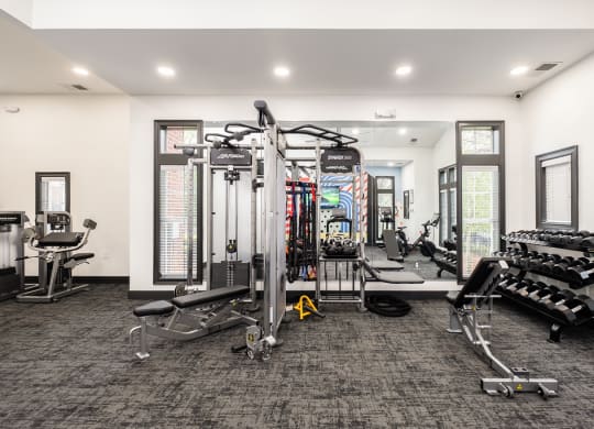 a gym with weights and cardio equipment in a room with windows
