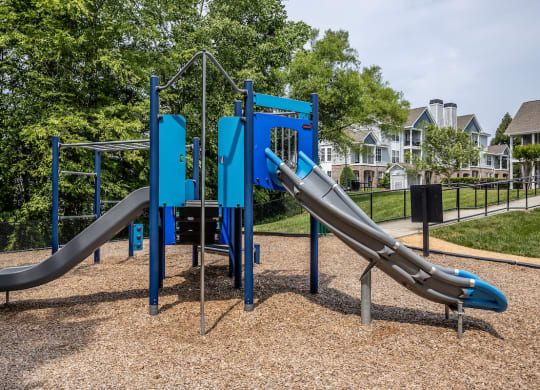 a playground with two slides and a climbing structure