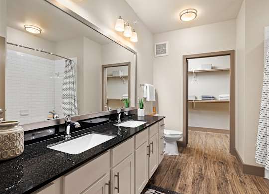 A bathroom with a black countertop and a large mirror.
