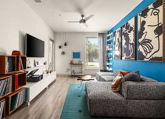 A living room with a grey couch and a blue wall.