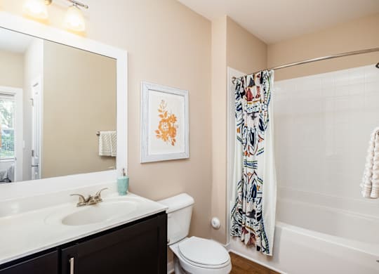 A bathroom with a toilet, sink, and shower.