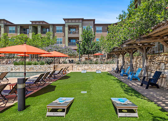 A sunny day at the outdoor seating area of a resort.