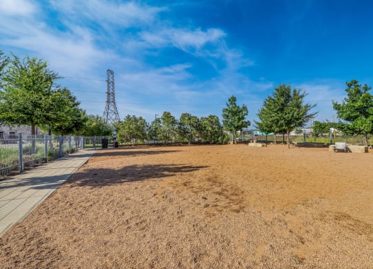 a dirt field with trees and a chain link fence