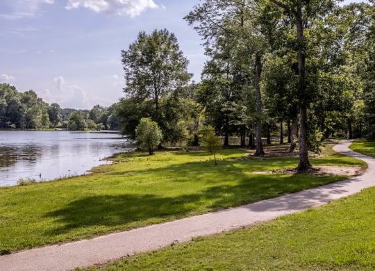 a path through a park with a lake in the background