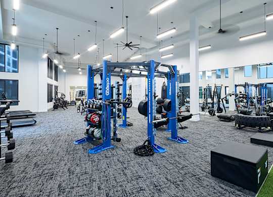 A gym with a variety of equipment including weightlifting machines and a green artificial turf area.