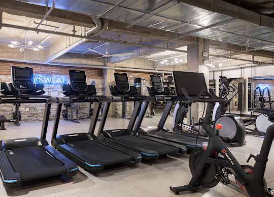 a group of treadmills and other exercise equipment in a gym
